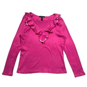 Lauren Ralph Lauren Women's Top Long Sleeve Pink Ruffle V-Neck Collar Size L
